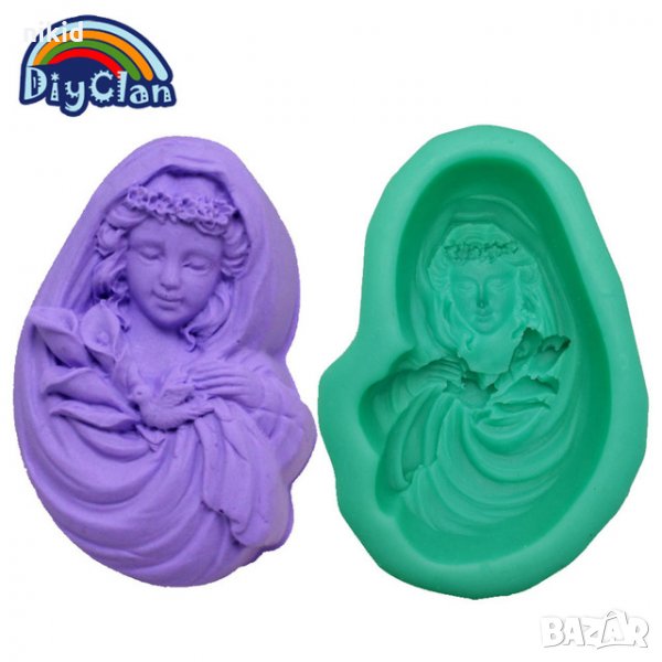 Света Богородица жена със забрадка венец гълъб дълбок силиконов молд форма калъп фондан гипс сапун, снимка 1
