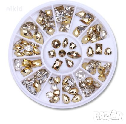 Различни видове форми камъчета диаманти златисти с камък в кутия декорация 3D ефект за нокти маникюр, снимка 1 - Продукти за маникюр - 24295321