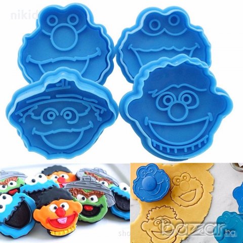 4 бр Бисквитено чудовище Muppet Cookie Monster пластмасови форми резци с бутало за сладки бисквитки , снимка 1 - Форми - 18668481