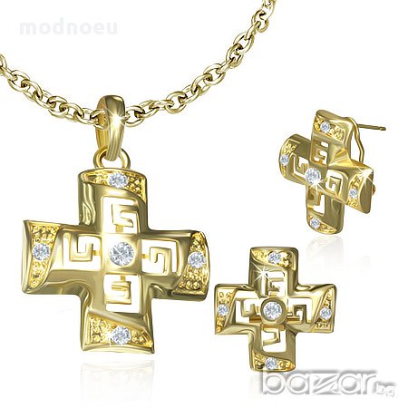 Позлатен комплект висулка и обеци кръст с гръцки мотиви , снимка 1