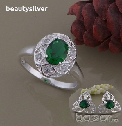 Сребърни обеци и пръстен със зелен или син Цирконий, код 0519