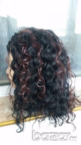 Нова черна Афро с тъмно кестеняви кичури перука 50 см  - мод.81, снимка 3 - Аксесоари за коса - 21361417