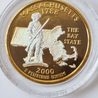 State Quarter GOLDEN PLATED 25 cents 2000-D MASSACHUSETTS 1788 UNC, снимка 5 - Нумизматика и бонистика - 19323457