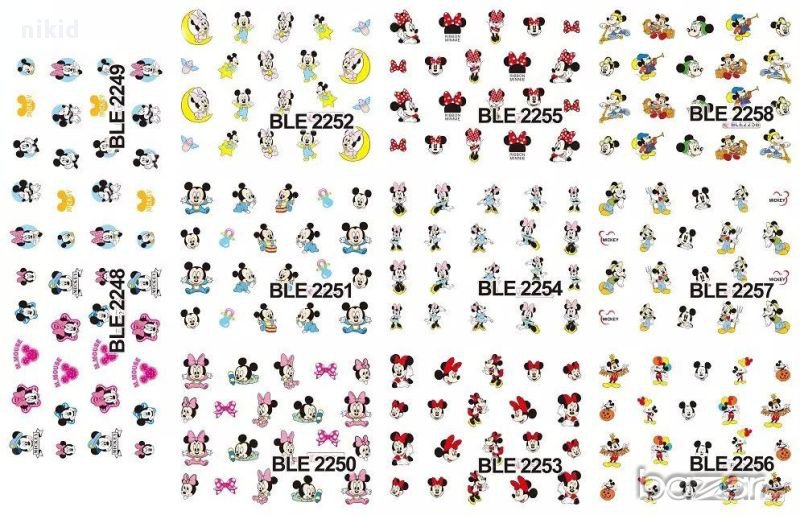 огромен лист мини и мики 11 в 1 татос ваденки водни стикери за нокти, снимка 1