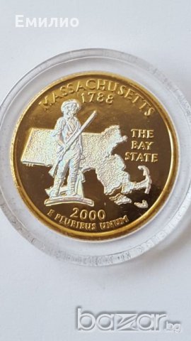 State Quarter GOLDEN PLATED 25 cents 2000-D MASSACHUSETTS 1788 UNC, снимка 5 - Нумизматика и бонистика - 19323457