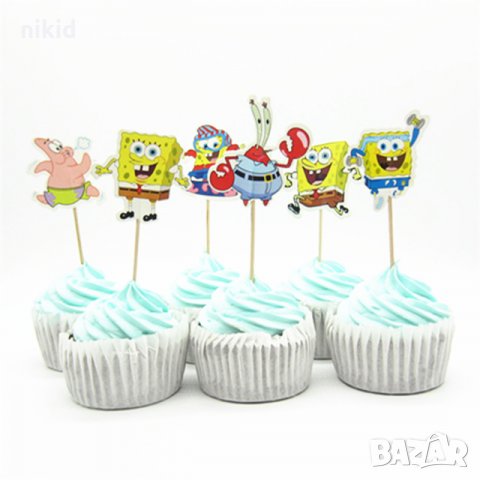 24 бр 2 вид Спондж боб Спонджбоб SpongeBob SPONGE герои топери клечки мъфини декорация рожден ден 