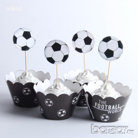 12 бр Футболни футбол топка топери и кошнички украса декорация за мъфини кексчета торта и парти