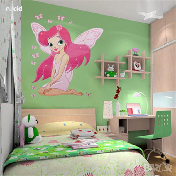 Голяма розова фея пеперуда стикер лепенка за стена за детска стая и мебел, снимка 1