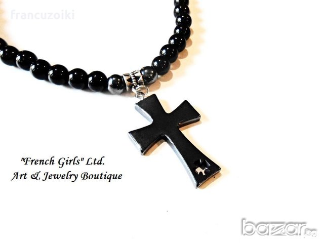 Мъжко колие от оникс и хематит с кръст, снимка 3 - Колиета, медальони, синджири - 19055232