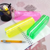 Прозрачен ученически несесер за моливи неонови цветове малък
