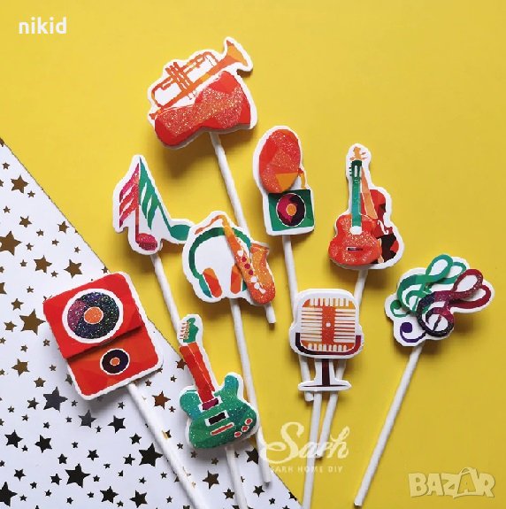 9 бр 3d музикални музика китара ноти с брокат топер топери клечки украса декор за торта мъфини и др, снимка 1