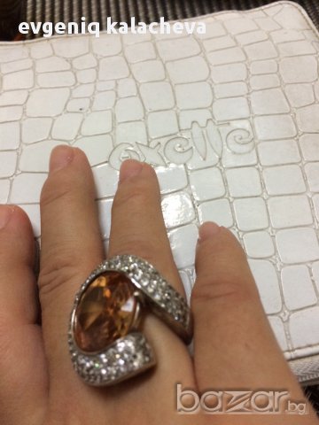 Сребърен пръстен със цирконии и оранжев камък, снимка 5 - Пръстени - 16802237