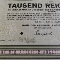 Акция | 1000 райх марки | Bank Der Arbeiter | 1926г., снимка 2 - Нумизматика и бонистика - 25603834