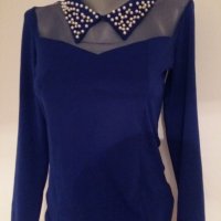  дамска блуза с перли на яката синя, снимка 4 - Блузи с дълъг ръкав и пуловери - 23366534