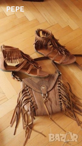 Кафяв сет сандали и чанта с ресни , снимка 6 - Сандали - 22086047