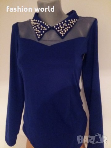  дамска блуза с перли на яката синя, снимка 4 - Блузи с дълъг ръкав и пуловери - 23366534