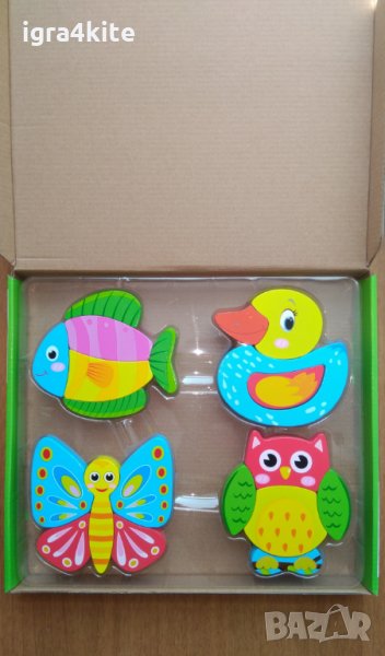 Комплект 4 бр. дървени животинчета пъзели със съставни части , снимка 1