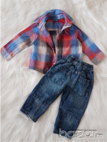 Карирана риза и дънки Мики Маус 9-12 месеца , снимка 3 - Комплекти за бебе - 17482594