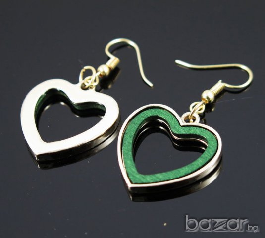 Обеци - сърца от зелено дърво в метален обков, снимка 3 - Обеци - 20610890