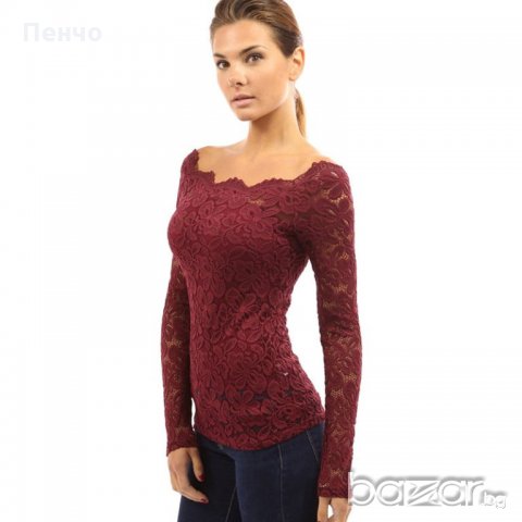 Дамска дантелена пролетна блуза Риза Блузка с къс дълъг ръкав горнище до рамената, снимка 6 - Блузи с дълъг ръкав и пуловери - 20594063