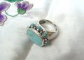 Прекрасен Овален Сребърен Пръстен с Естествени Тюркоази, снимка 4