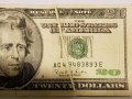 Много рядка 20 доларова банкнота с дефект при отпечатването, снимка 1 - Нумизматика и бонистика - 16138937