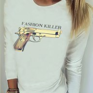 ХИТ! Дамска блуза FASHION KILLER с пистолет принт! Поръчай модел с ТВОЯ идея!, снимка 3 - Блузи с дълъг ръкав и пуловери - 12102043