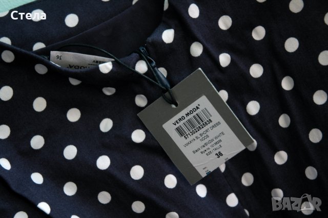 VERO MODA елегантна дамска рокля, нова, с етикет, тъмно синя, на бели точки, снимка 7 - Рокли - 23043781