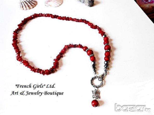 Колие от червен корал с предно закопчаване, снимка 5 - Колиета, медальони, синджири - 18976669