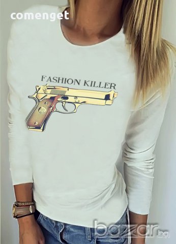 ХИТ! Дамска блуза FASHION KILLER с пистолет принт! Поръчай модел с ТВОЯ идея!, снимка 3 - Блузи с дълъг ръкав и пуловери - 12102043