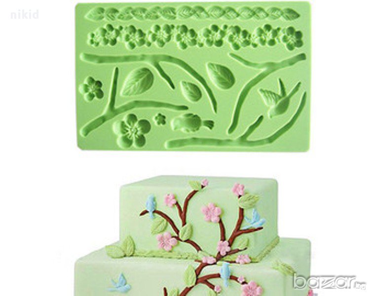 дърво клони с листа и цветчета птичка огромен силиконов молд форма украса декор торта  фондан, снимка 1