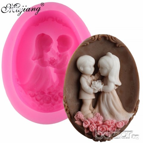 3D овал булка и младоженец с букет рози силиконов молд декор фондан гипс сапун сватба младоженци