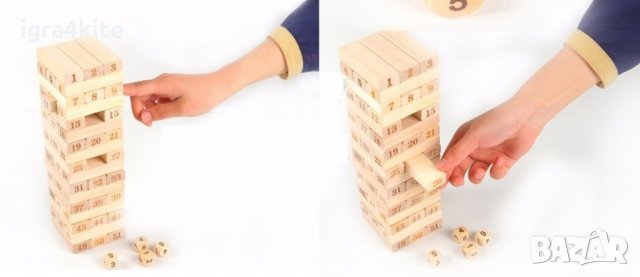 Дървена Дженга Кула с 4 зара и 54 блокчета JENGA / дървен строител , снимка 5 - Образователни игри - 26162136