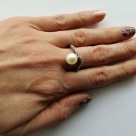 Сребърен пръстен  с перла и цирконий   - сребро проба 925, снимка 1 - Пръстени - 17059602