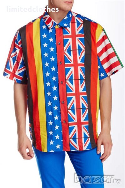 MOSCHINO MULTI FLAG PRINT Мъжка Риза с Къс Ръкав size M / L, снимка 1