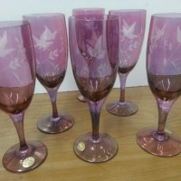 Ретро чаши за вино гравирани цветно стъкло, снимка 11 - Антикварни и старинни предмети - 22460875