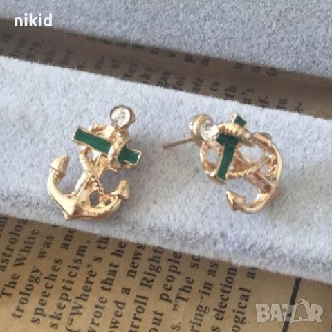 котва котви със зелено дамски обици обеци в златисто, снимка 2 - Обеци - 25175891