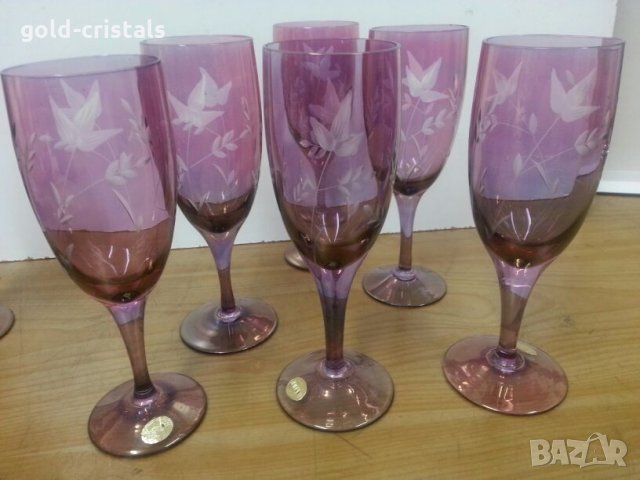  кристални чаши за вино цветно стъкло гравирани, снимка 4 - Антикварни и старинни предмети - 22458362