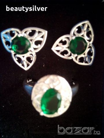 Сребърни обеци и пръстен със зелен или син Цирконий, код 0519, снимка 2 - Бижутерийни комплекти - 11006143