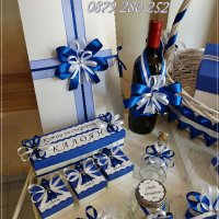 Комплект за кръщене в кралско синьо и бяло с кръстче, снимка 2 - Подаръци за кръщене - 22082484