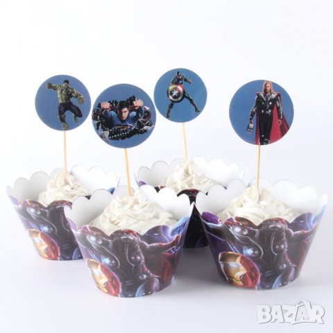 Avengers Отмъстителите герои Капитан Америка Хълк Айрън мен 12 бр топери и кошнички украса декорация