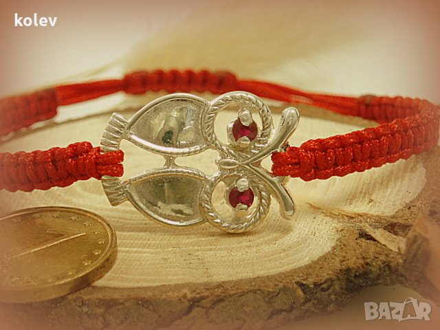 сребърен БУХАЛ в гривна червен конец, снимка 3 - Гривни - 25700339