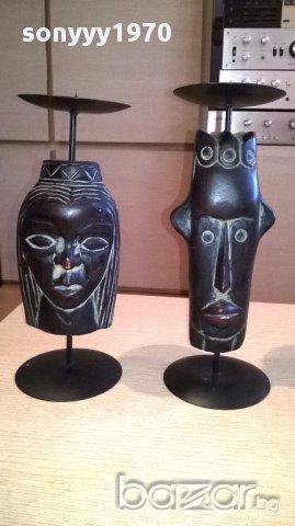 Африкански свещници-2бр дърво/метал 28х10см-внос швеицария, снимка 2 - Антикварни и старинни предмети - 17808651