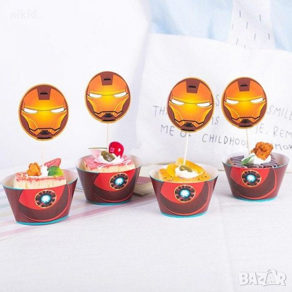 12 бр топера Iron Man Железният човек топери и кошнички украса декорация за мъфини кексчета торта па, снимка 1