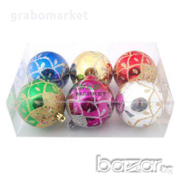 Комплект от 6 бр. цветни топки за окачване на елха, декорирани с брокат. Изработени от PVC материал., снимка 1