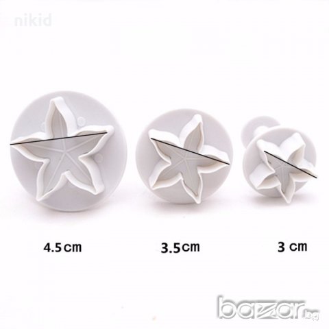 3 бр звезди звезда петолъч цветонос роза пластмасови резци с бутало релеф тесто фондан резец форма , снимка 2 - Форми - 19373693
