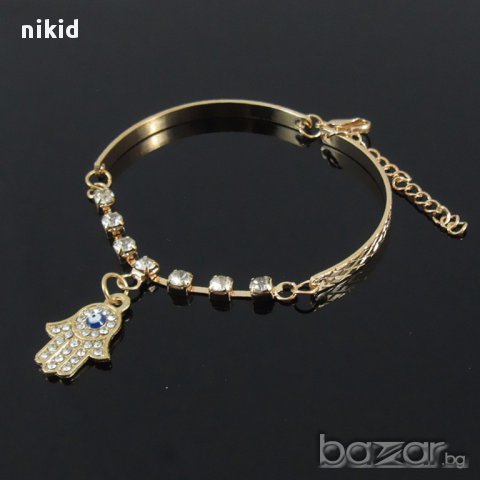 златиста гривна с хамса ръката на Фатима и око против уроки с камъчета, снимка 2 - Гривни - 15419247