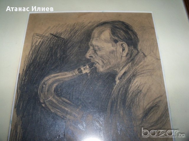 Стара графика "Мъжът със саксофона", снимка 3 - Картини - 14148752