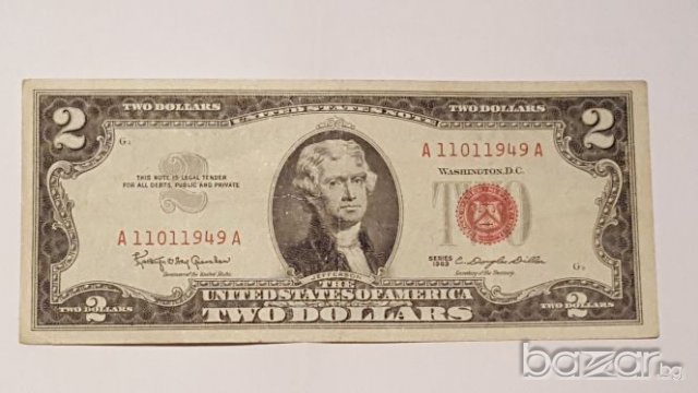 $ 2 DOLLARS RED SEAL 1963 Birthday Note 11.01.1949, снимка 2 - Нумизматика и бонистика - 20021655