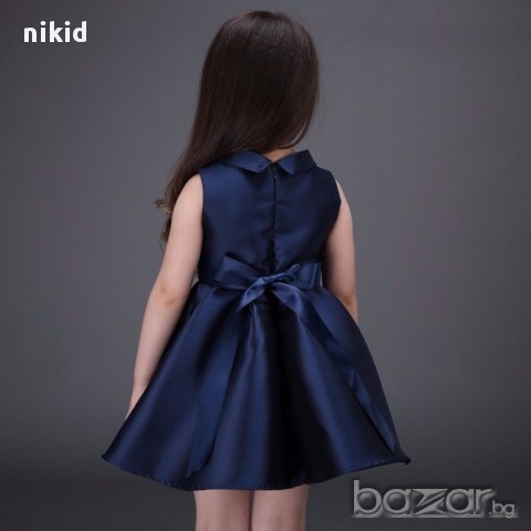 детска синя рокля с красива бродерия цвете и широка долна част, снимка 3 - Детски рокли и поли - 15888874